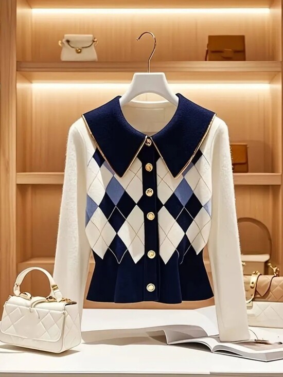 Tops - French-Style Elegant Rhombus Jacquard Weave Button-Front Golden Trim Contrast